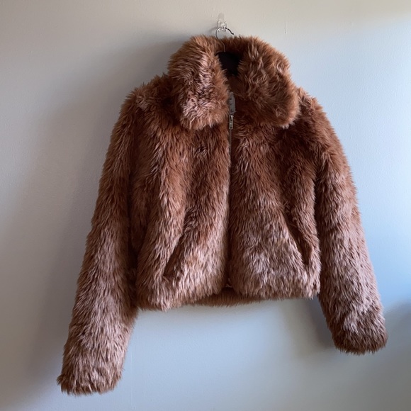 Abercrombie & Fitch Faux Fur Coat Brown Size Small With Collar - Picture 4 of 8
